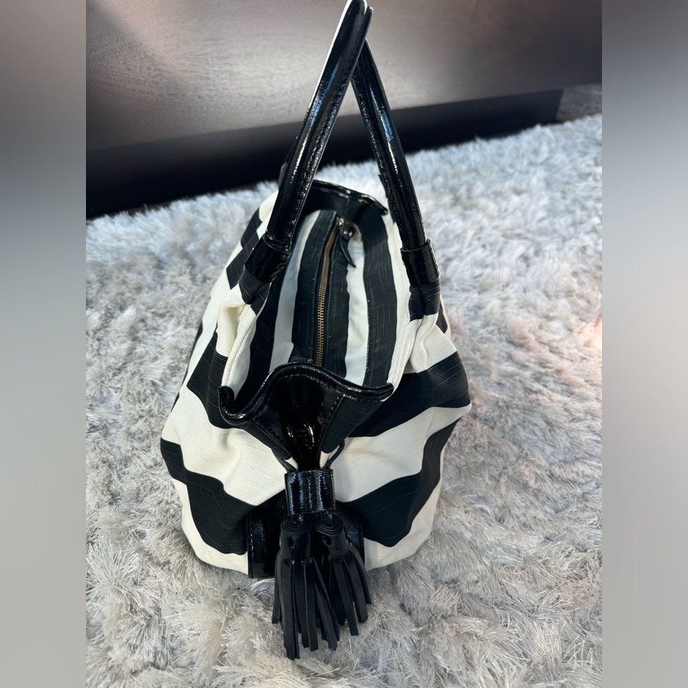 Kate Spade Black and White Stripe Canvas and Patent Leather Accents Hand Bag - Picture 2 of 11